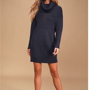 Navy blue cowl neck sweater dress